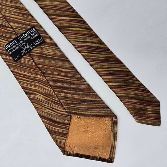 ANDRE GHEKIERE PARIS FRANCE SILK TIE BROWN GREEN PURPLE WATERCOLOR 3.5" X 56" - Picture 3 of 4